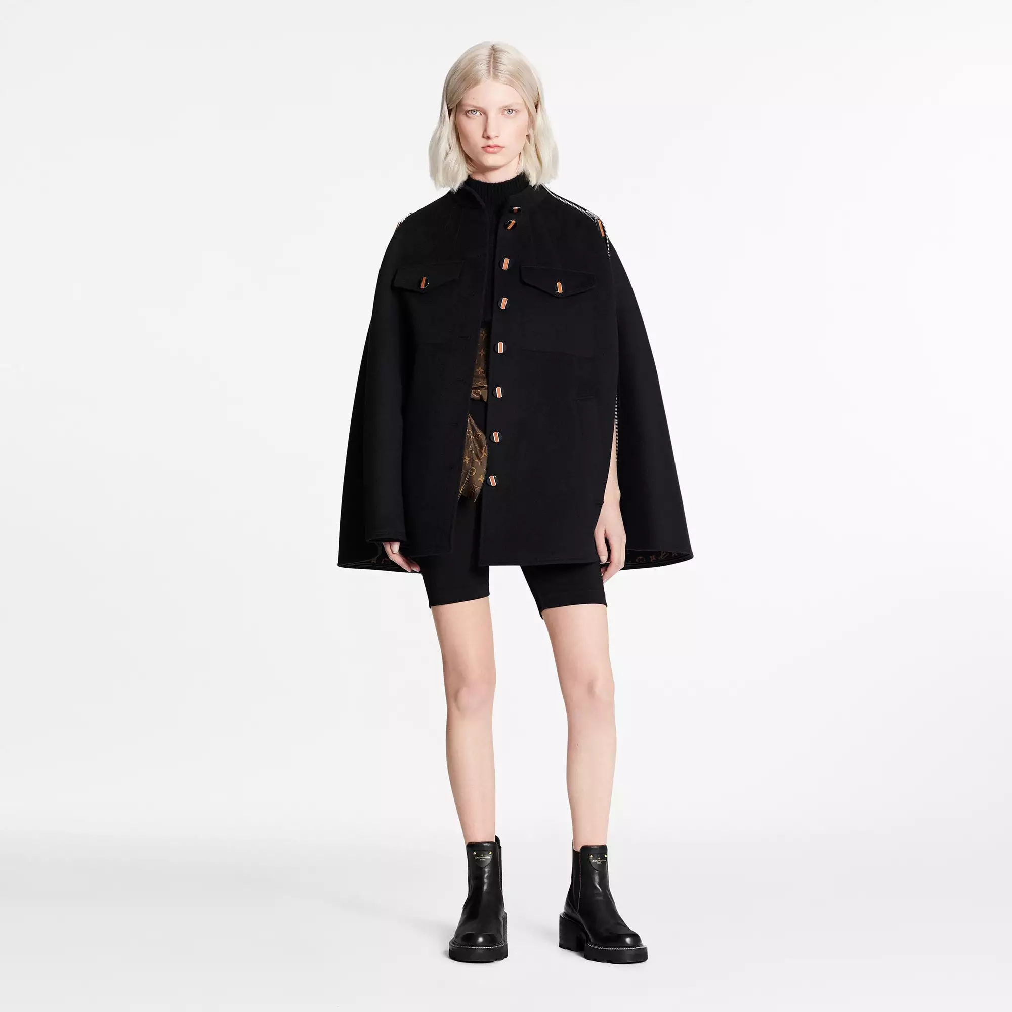 Black And Ochre Monogram Cape Coat In Wool And Silk