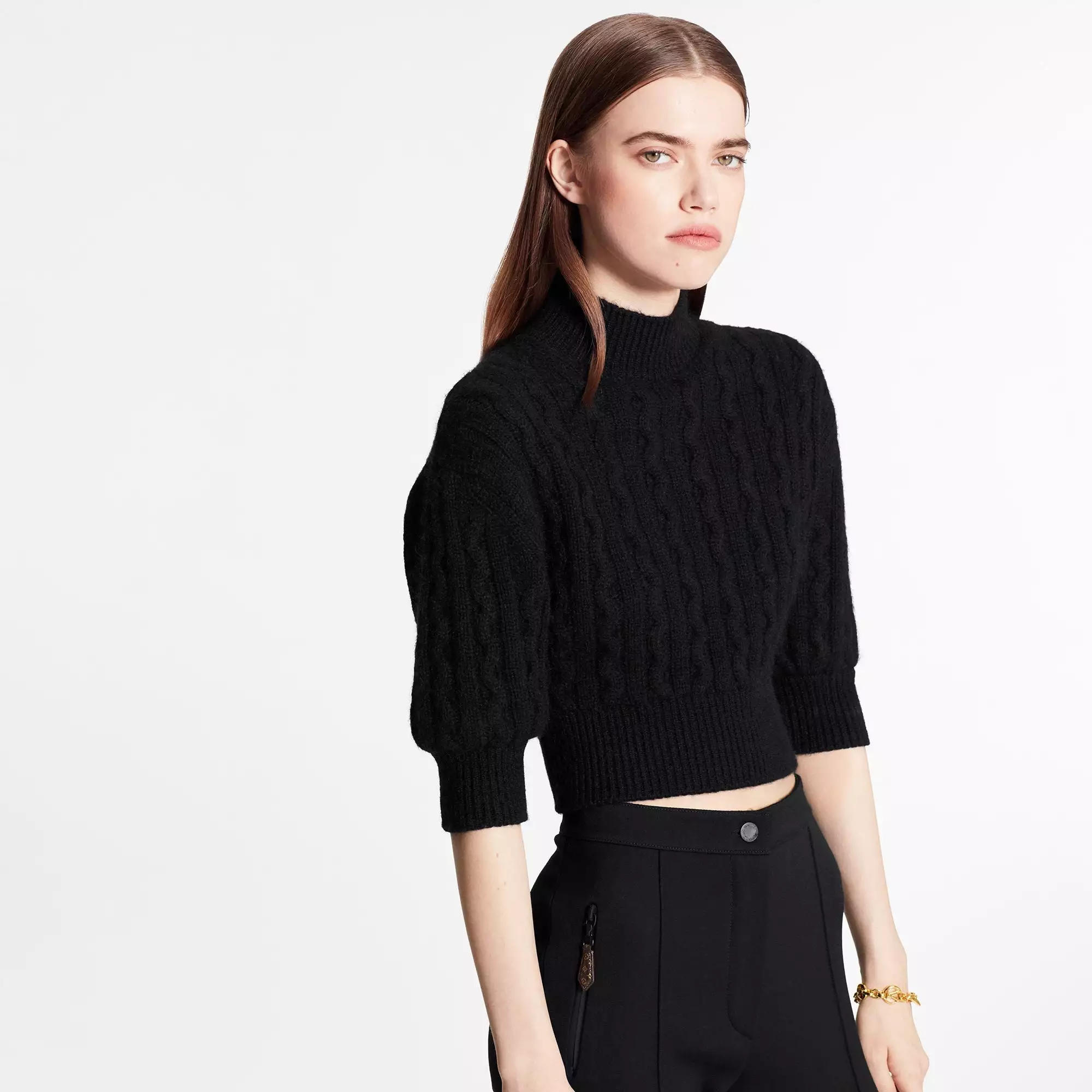 Cropped Cashmere Mock-Neck With Puff Sleeves