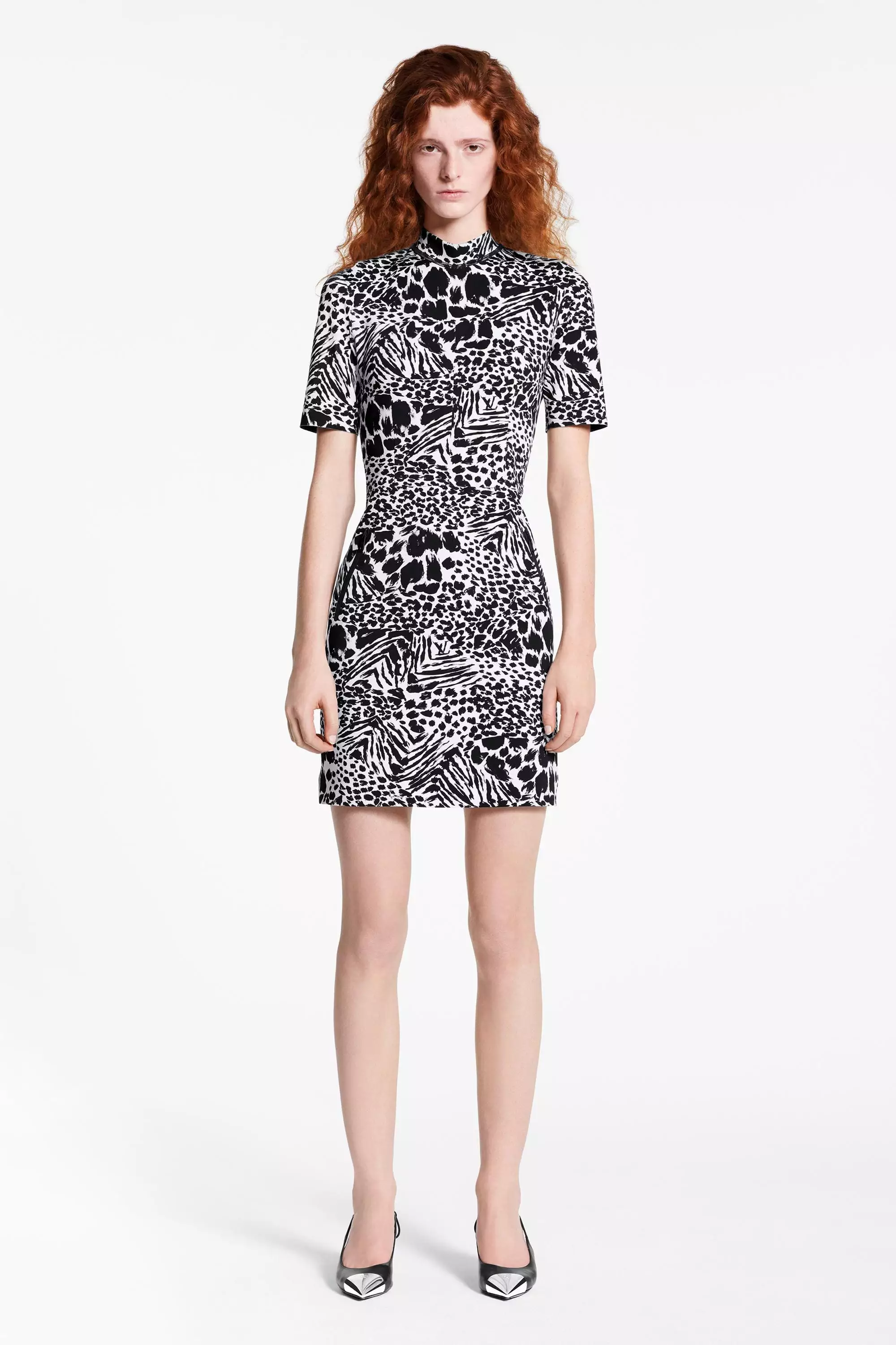 Short Sleeved Printed Fitted Dress