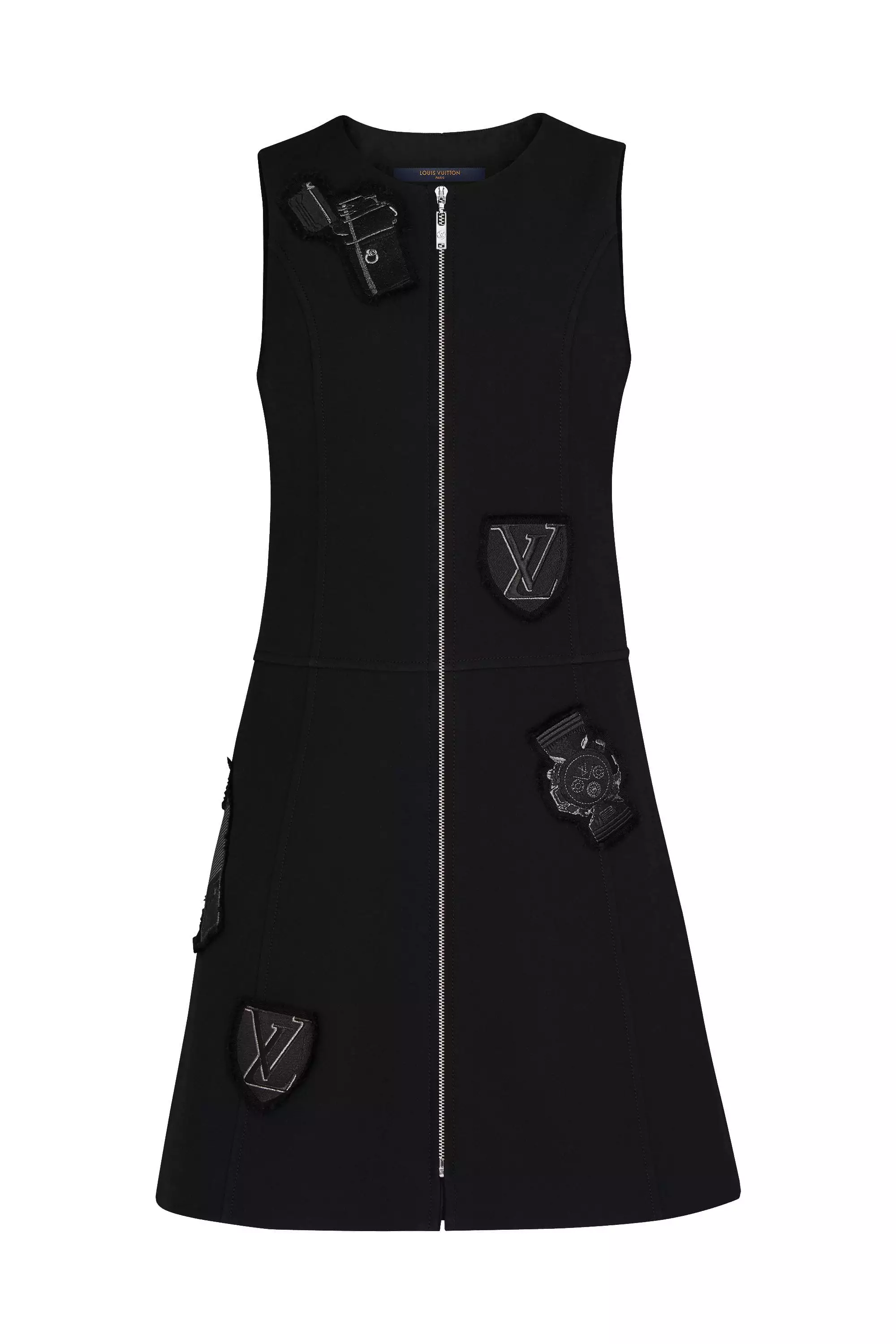 Sleeveless Zipped A-Line Dress With Embroidered Patches